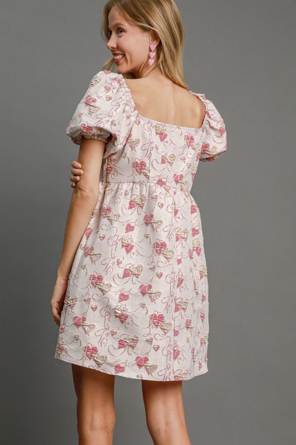Umgee Heart Jacquard Square Neck Puff Sleeve Mini Dress.