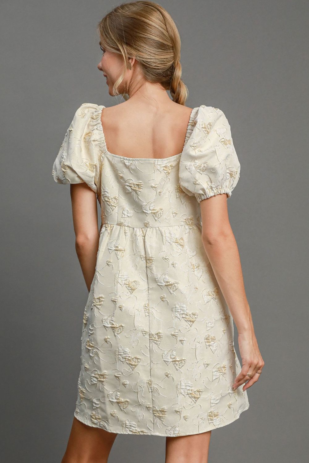 Umgee Heart Jacquard Square Neck Puff Sleeve Mini Dress.