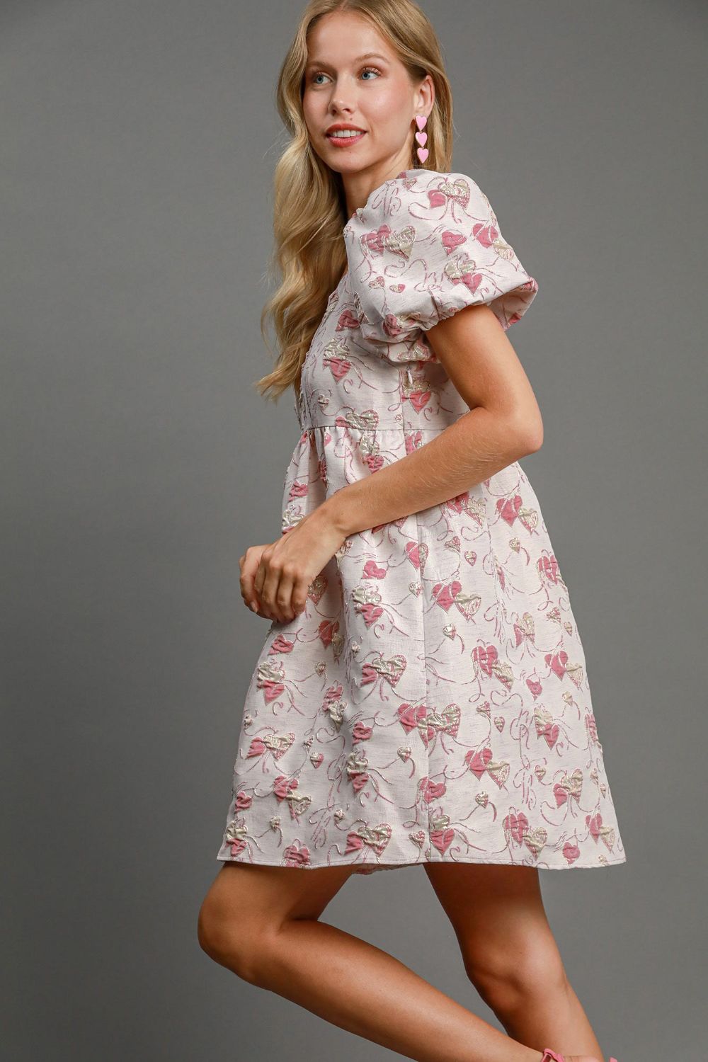 Umgee Heart Jacquard Square Neck Puff Sleeve Mini Dress.