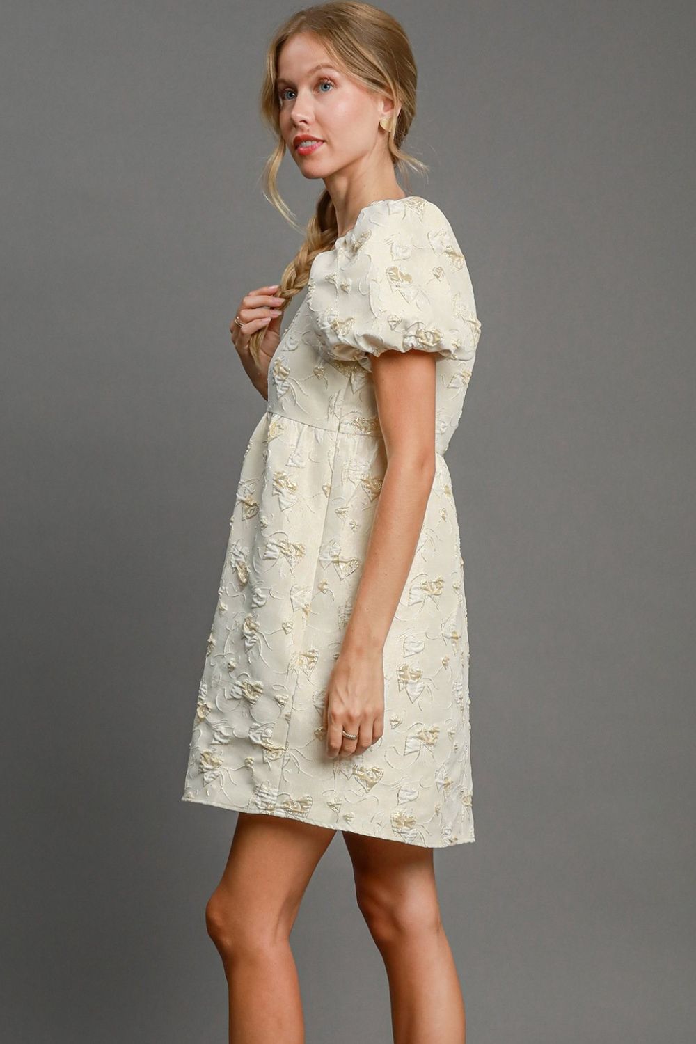 Umgee Heart Jacquard Square Neck Puff Sleeve Mini Dress.