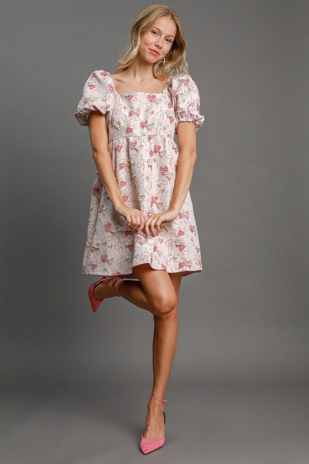 Umgee Heart Jacquard Square Neck Puff Sleeve Mini Dress.