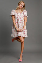 Umgee Heart Jacquard Square Neck Puff Sleeve Mini Dress.
