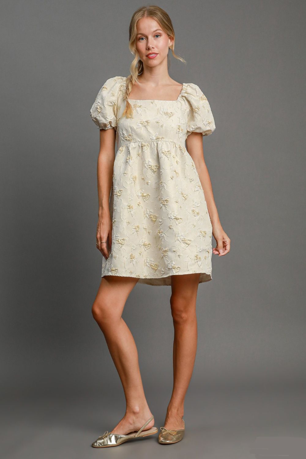 Umgee Heart Jacquard Square Neck Puff Sleeve Mini Dress.