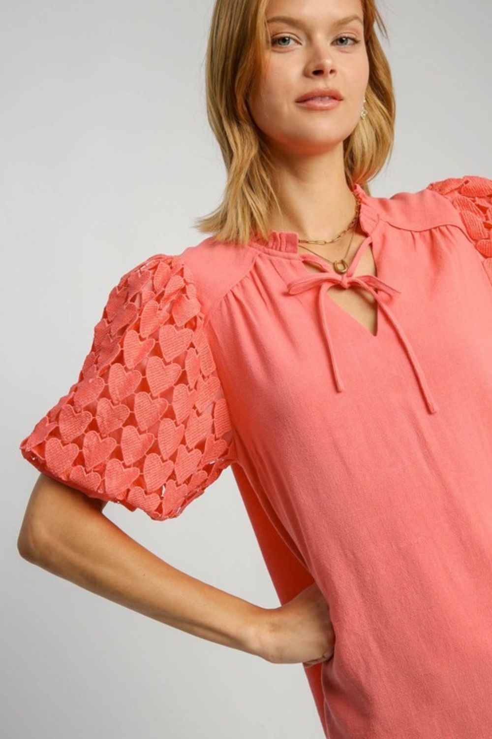 Umgee full size heart lace sleeve ruffle collar top, plus size.