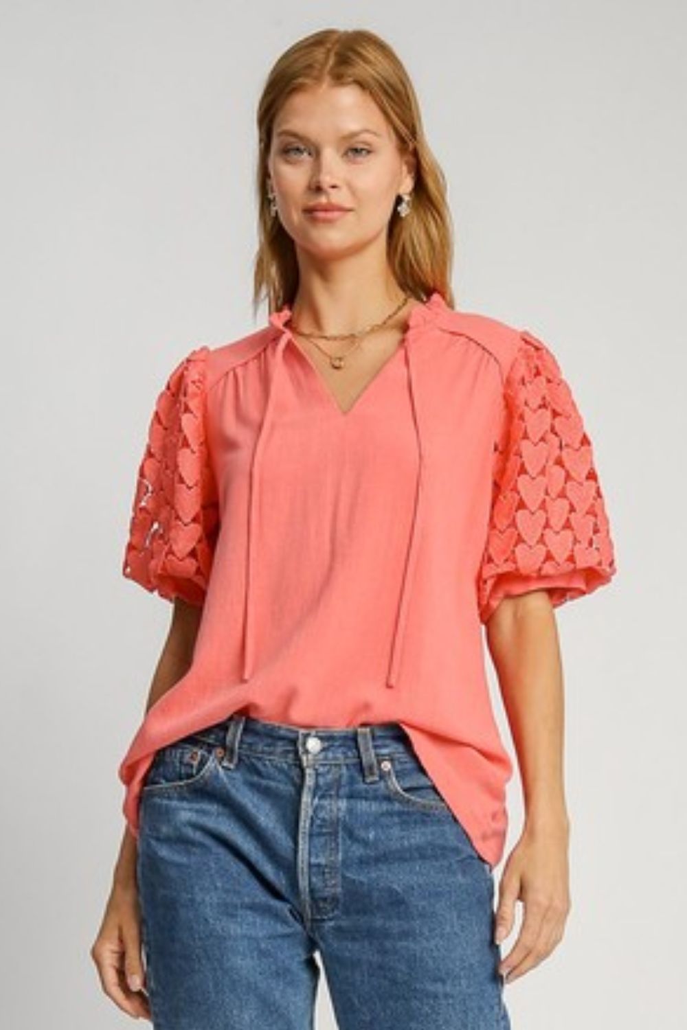 Umgee full size heart lace sleeve ruffle collar top, plus size.