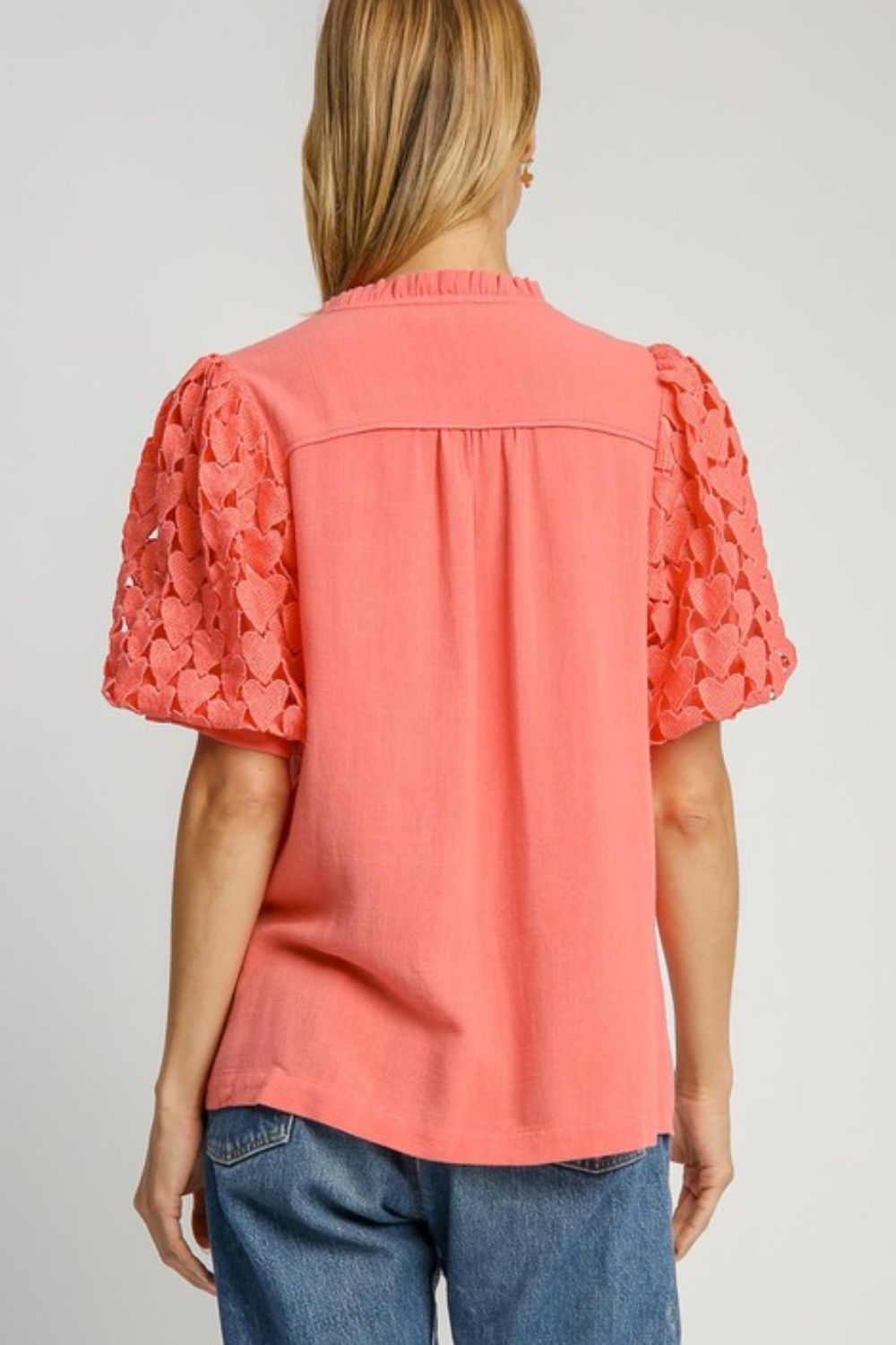 Umgee full size heart lace sleeve ruffle collar top, plus size.