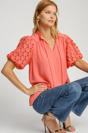 Umgee full size heart lace sleeve ruffle collar top, plus size.