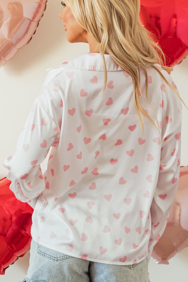 Heart print collared neck long sleeve shirt.