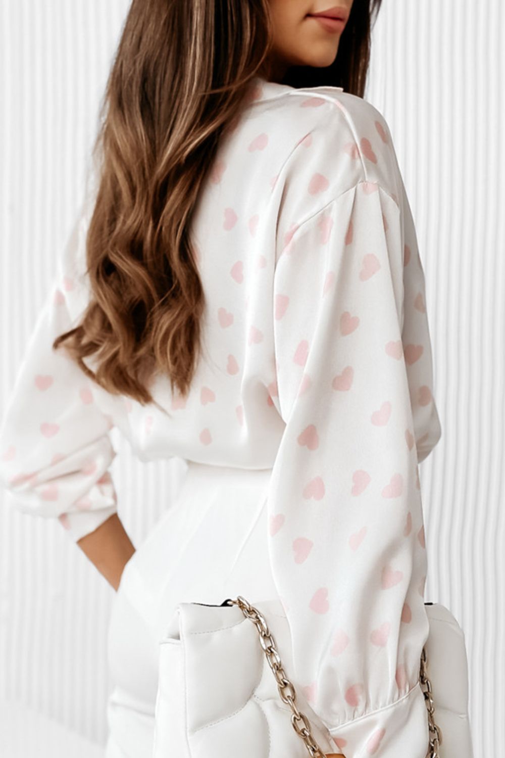 Heart print collared neck long sleeve shirt.