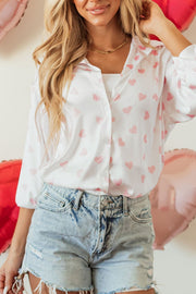 Heart print collared neck long sleeve shirt.