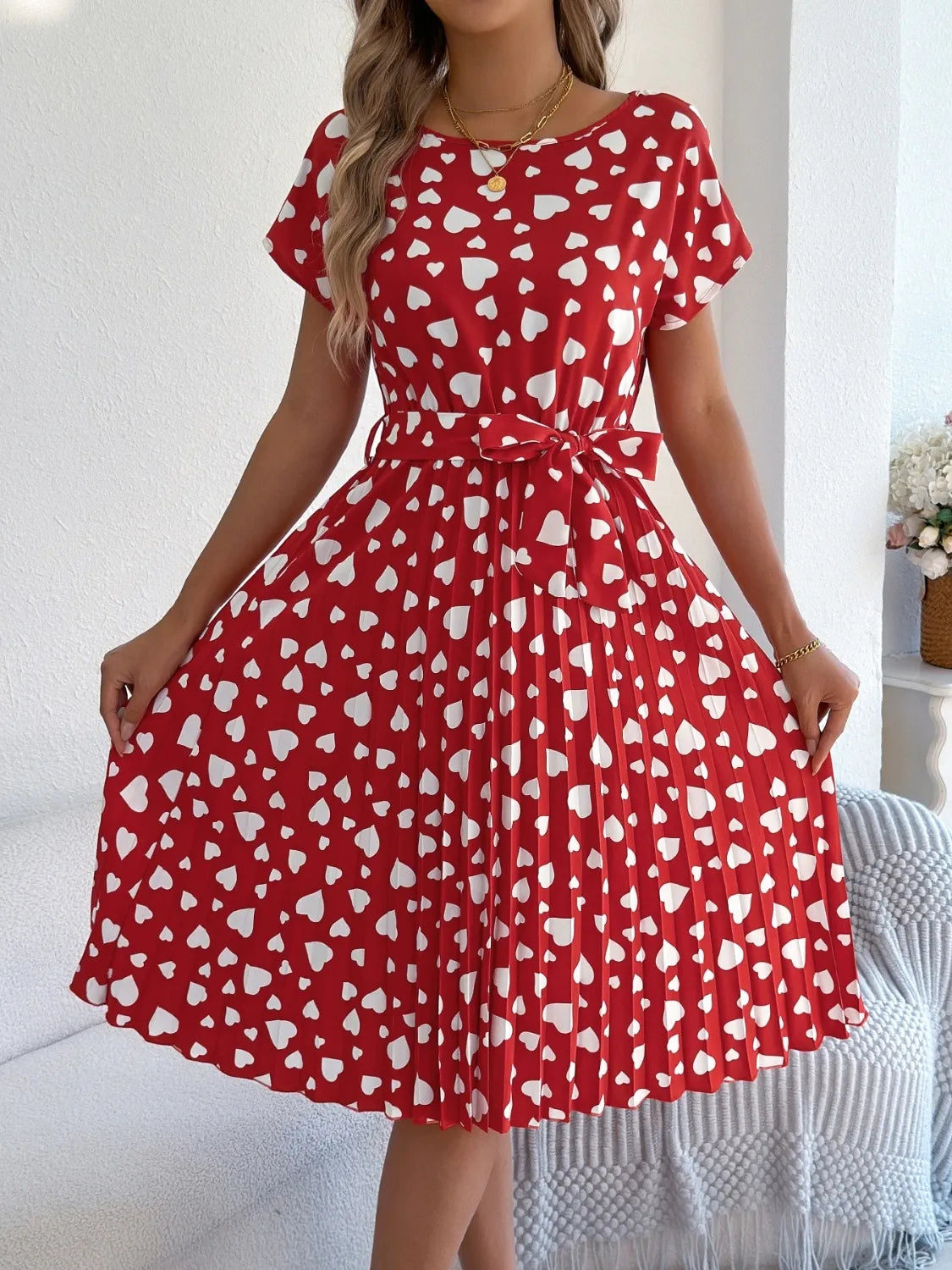 Heart Print Short Sleeve Tie Waist Dress.