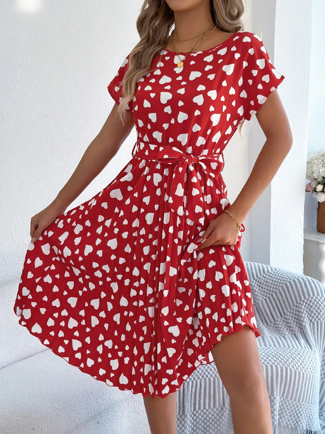 Heart Print Short Sleeve Tie Waist Dress.