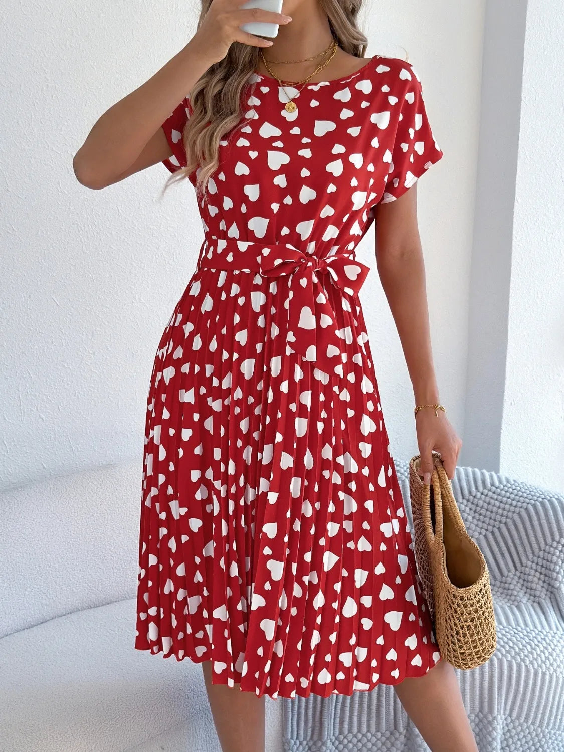 Heart Print Short Sleeve Tie Waist Dress.