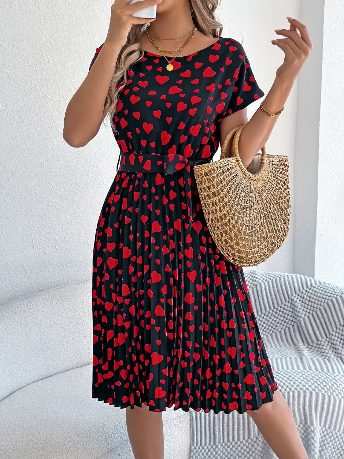 Heart Print Short Sleeve Tie Waist Dress.