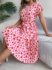 Heart Print Short Sleeve Tie Waist Dress.