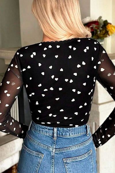 Heart square neck long sleeve bodysuit.