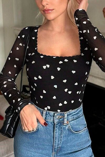 Heart square neck long sleeve bodysuit.