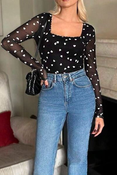 Heart square neck long sleeve bodysuit.