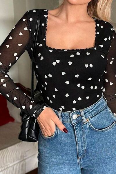 Heart square neck long sleeve bodysuit.