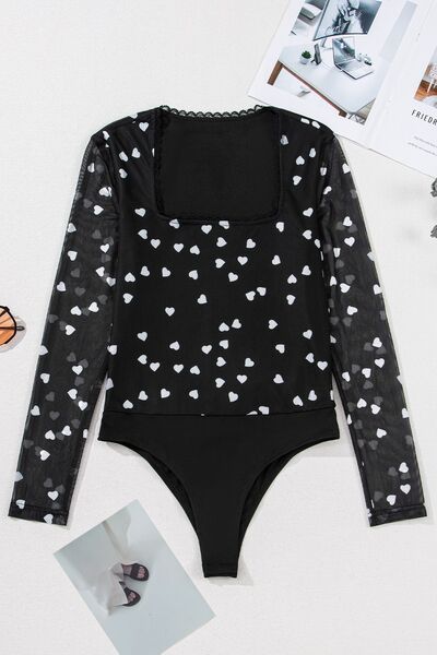Heart square neck long sleeve bodysuit.