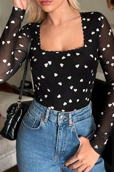 Heart square neck long sleeve bodysuit.