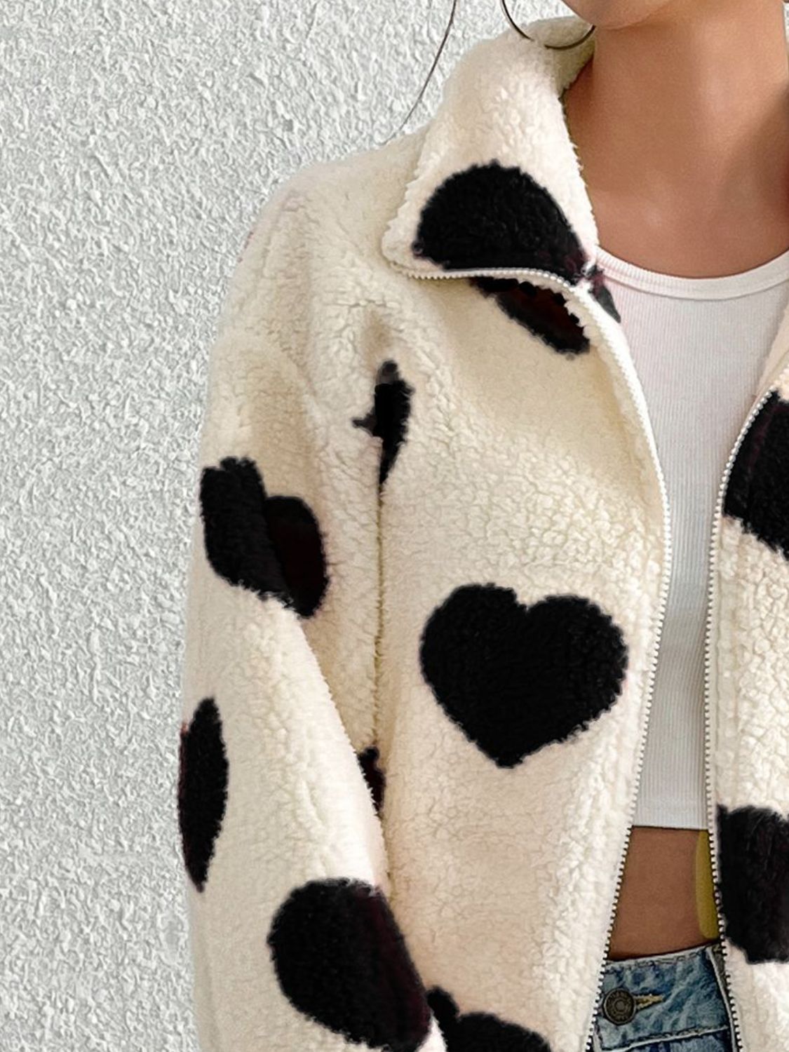 Heart zip up drop shoulder furry jacket.