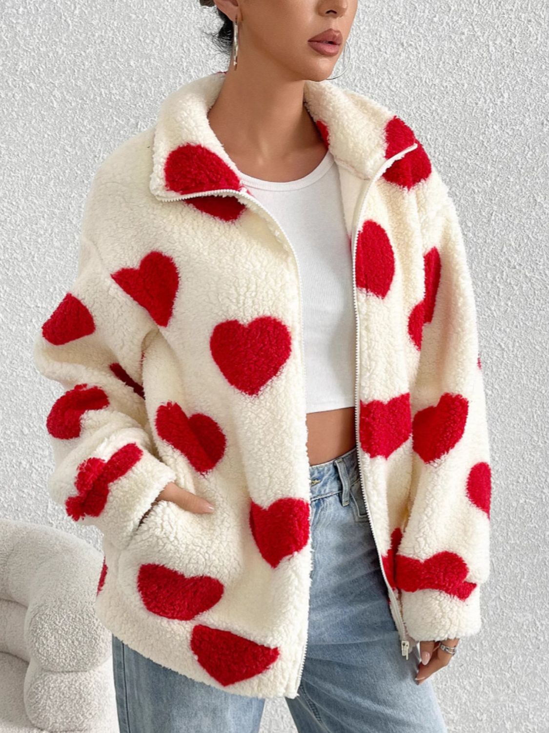 Heart zip up drop shoulder furry jacket.