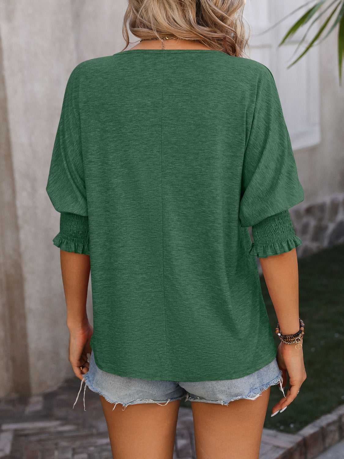 Mandy heathered notched lantern sleeve blouse.