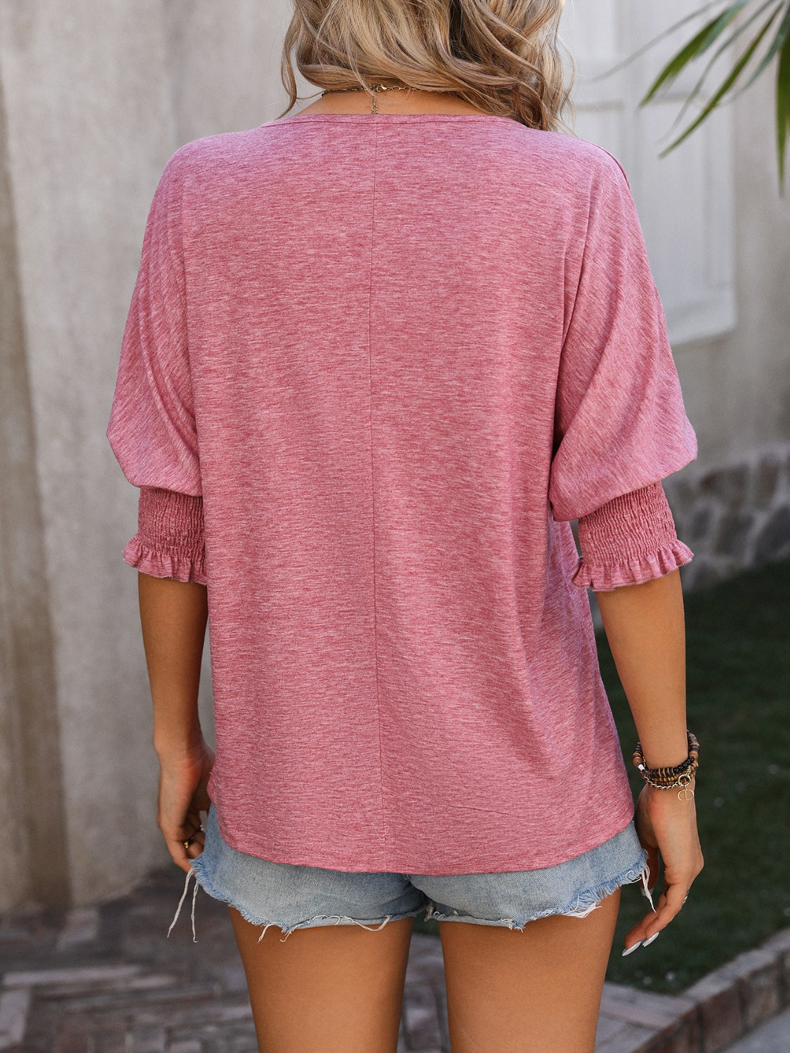 Mandy heathered notched lantern sleeve blouse.