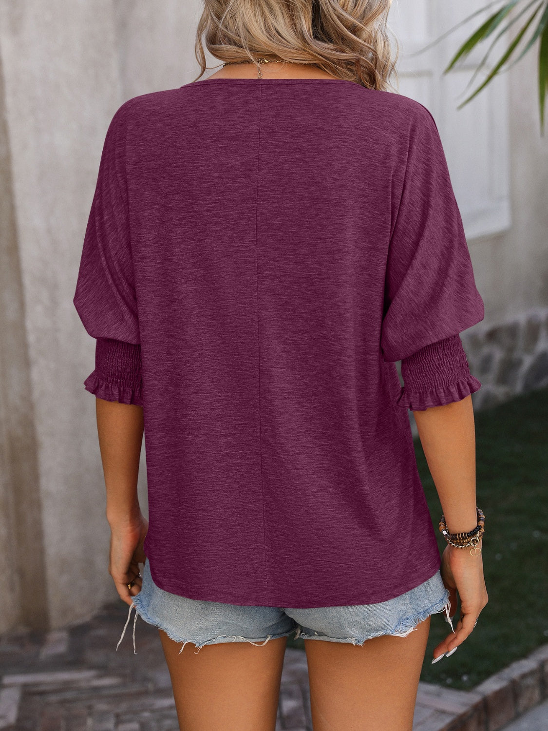 Mandy heathered notched lantern sleeve blouse.