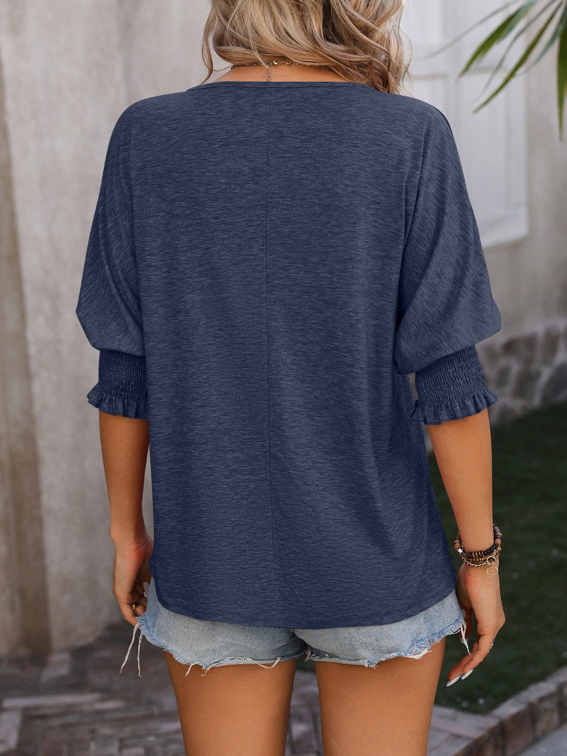 Mandy heathered notched lantern sleeve blouse.