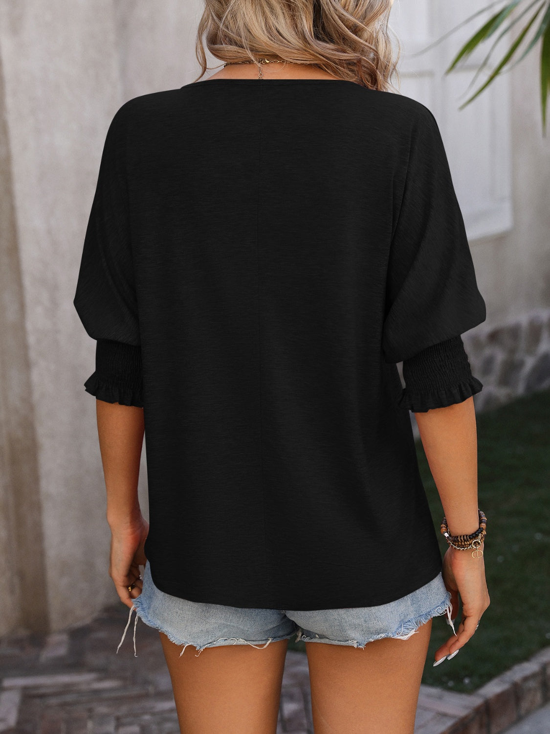 Mandy heathered notched lantern sleeve blouse.