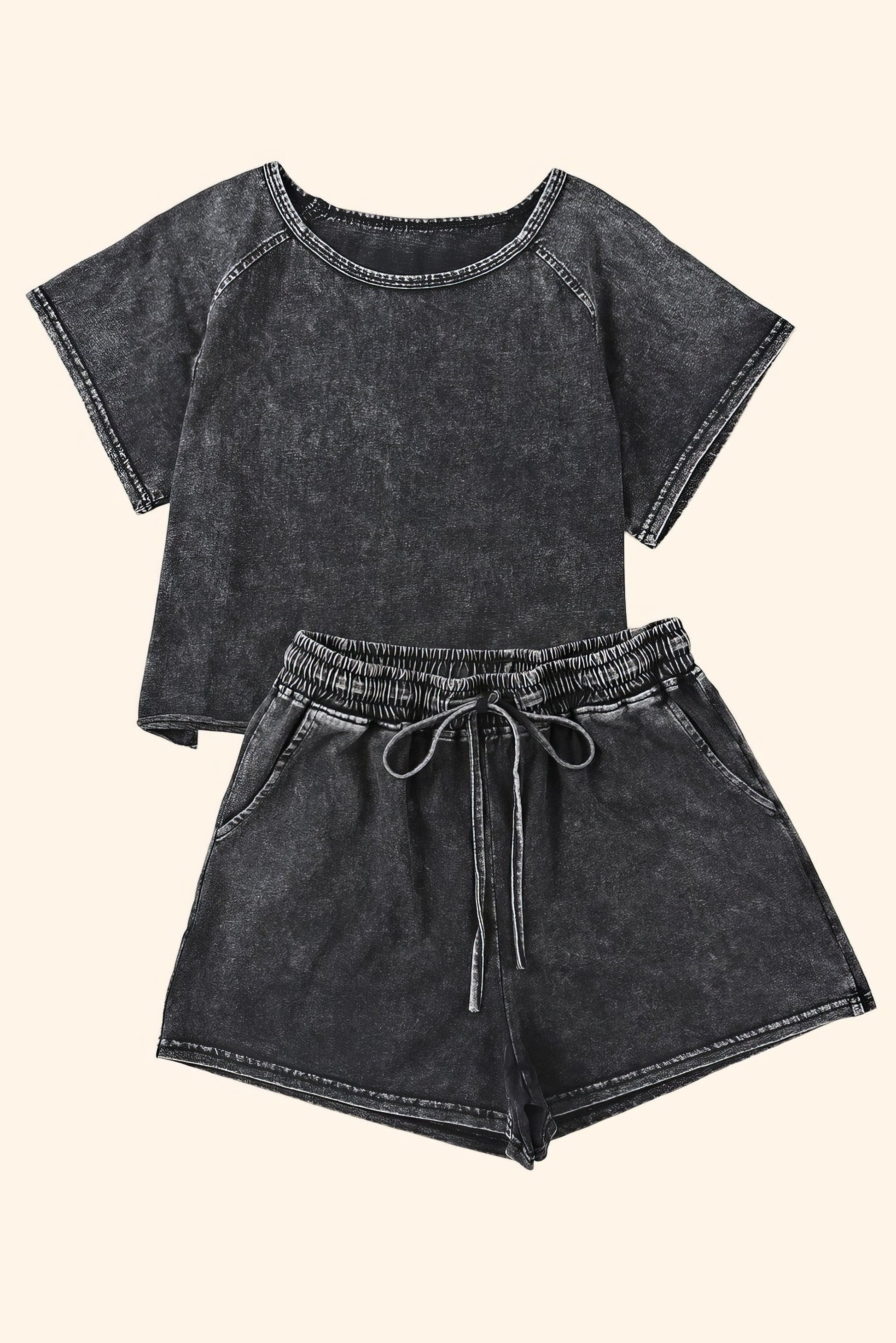 Women's heathered round neck top and shorts lounge set with pockets and drawstring