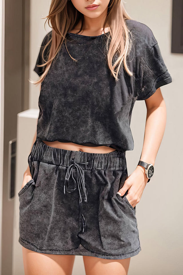 Women's heathered round neck top and shorts lounge set with pockets and drawstring