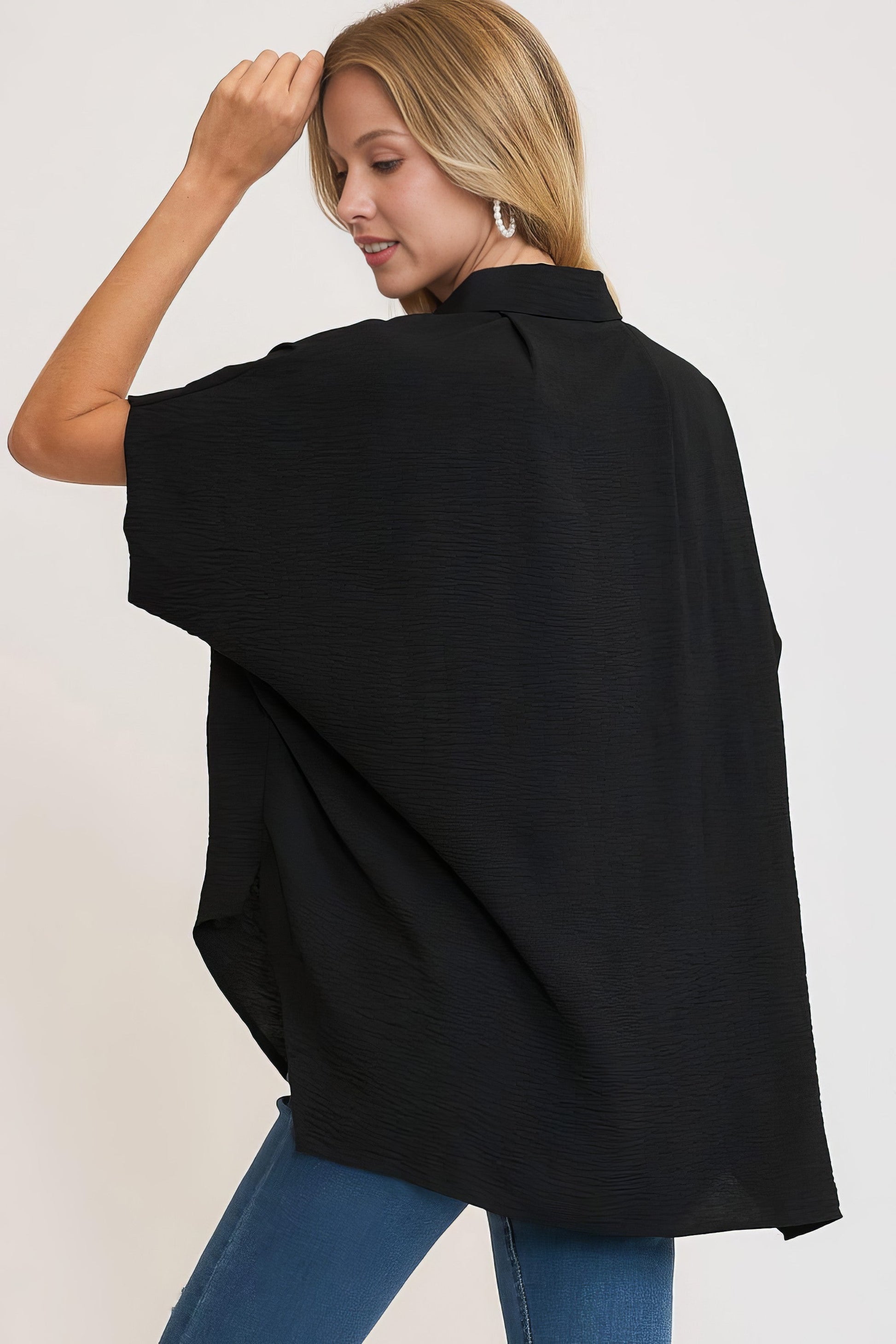 Women's high-low button-up short sleeve shirt with slits