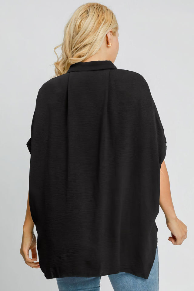 Women's high-low button-up short sleeve shirt with slits
