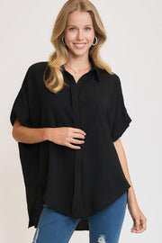Women's high-low button-up short sleeve shirt with slits