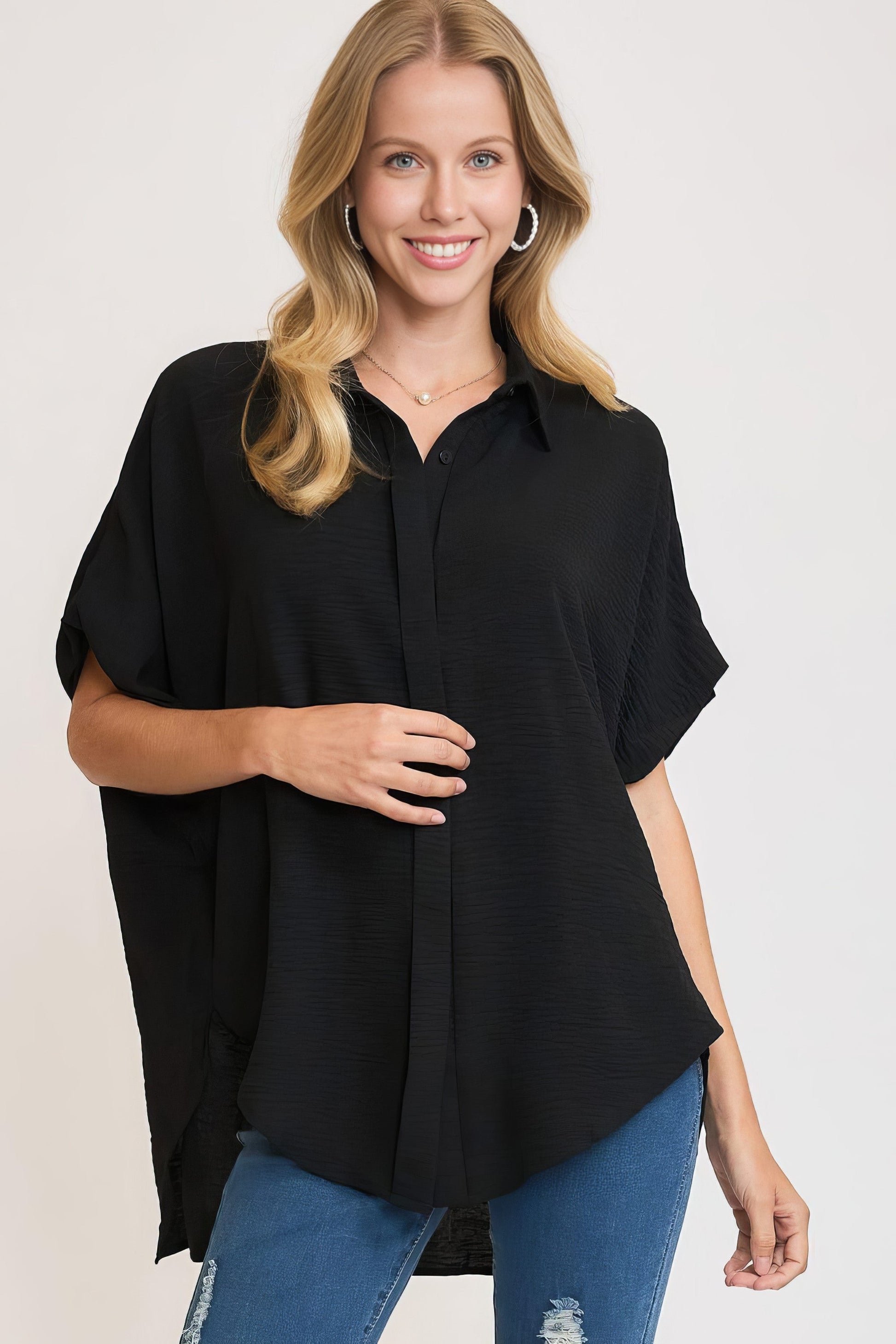 Women's high-low button-up short sleeve shirt with slits