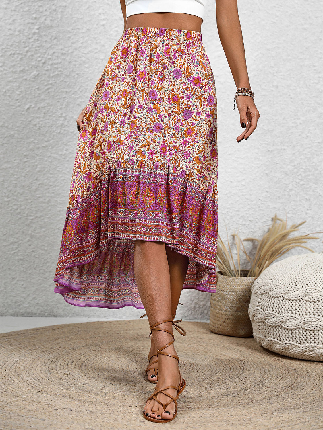 Perfee High-Low Elastic Waist Skirt.