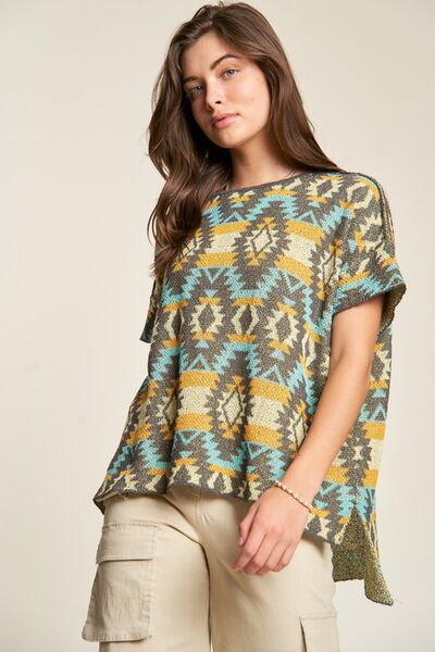Davi Dani high-low geometric round neck knit top.