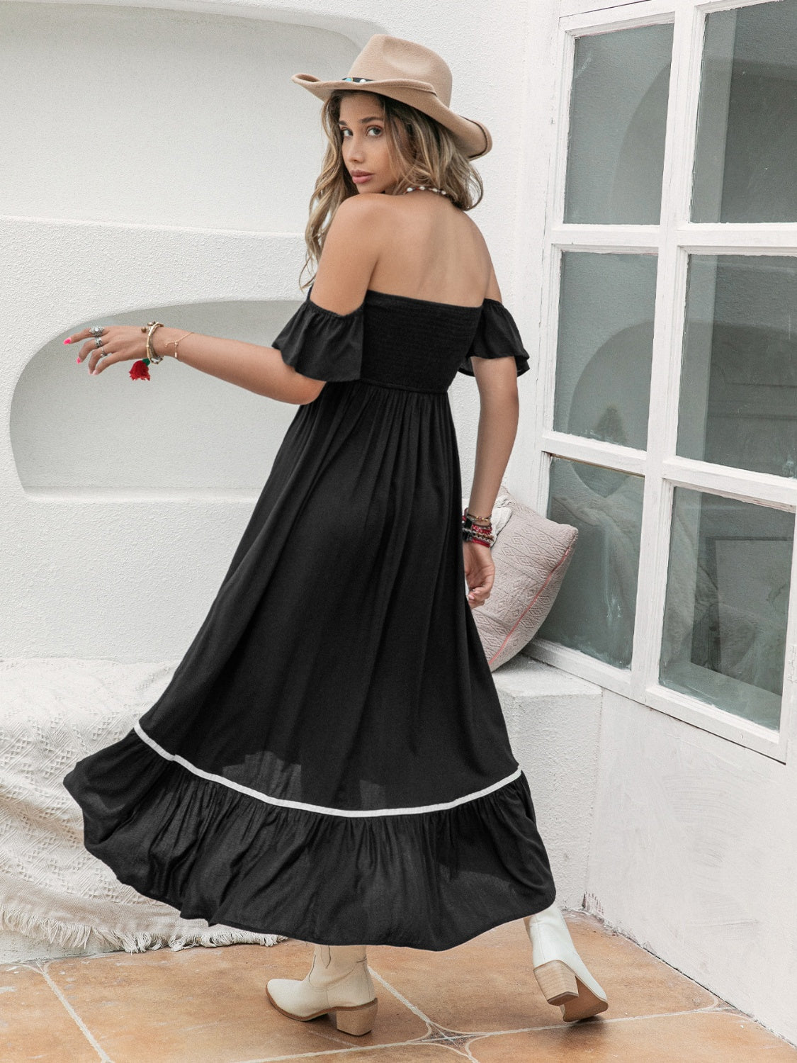 High-Low Off-Shoulder Dress.