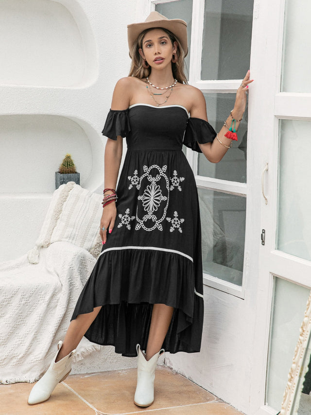 High-Low Off-Shoulder Dress.