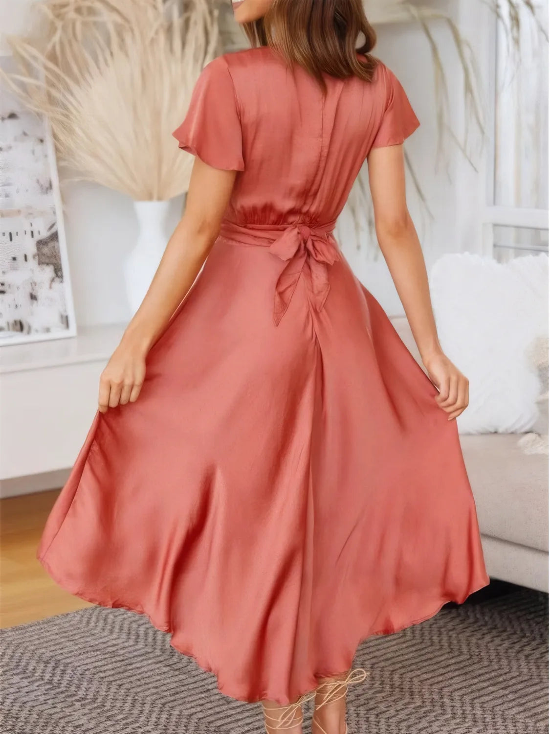 High-Low Plunge Flutter Sleeve Dress.
