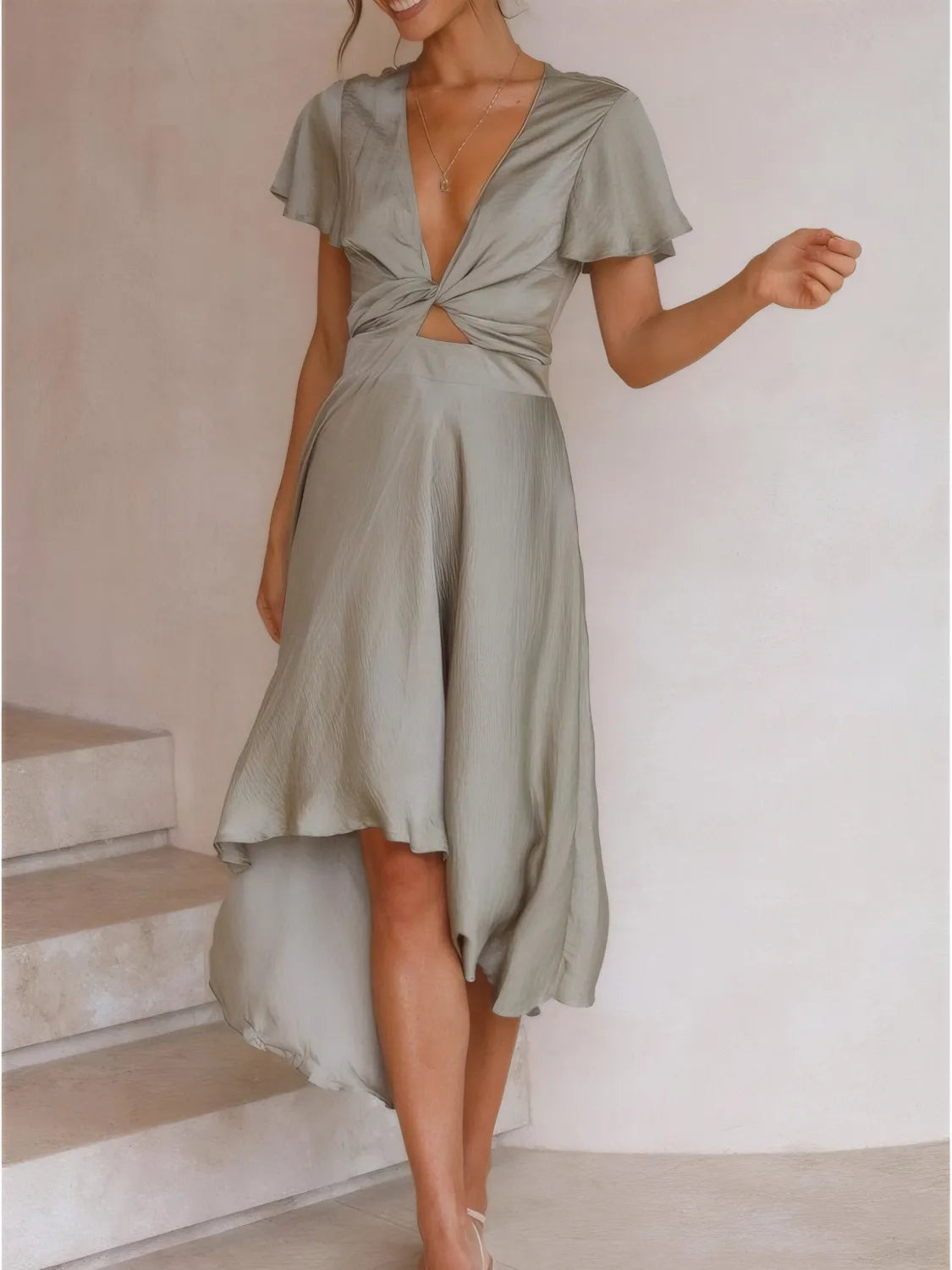 High-Low Plunge Flutter Sleeve Dress.