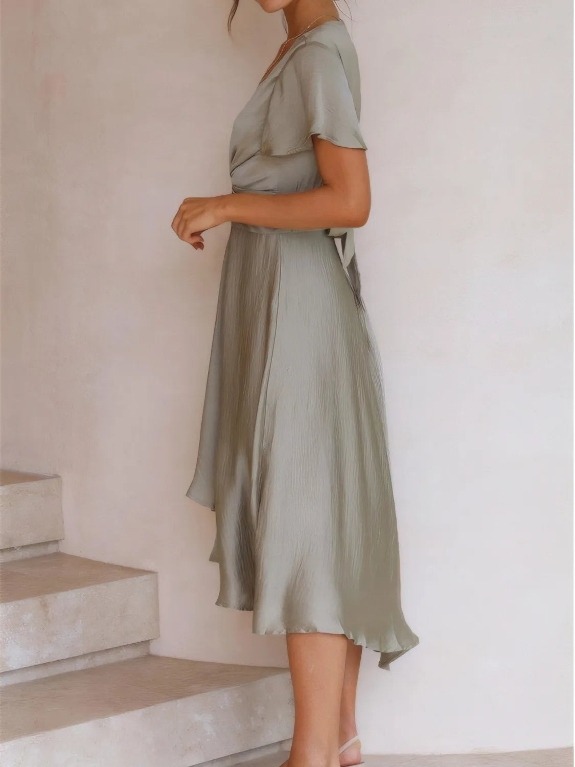 High-Low Plunge Flutter Sleeve Dress.