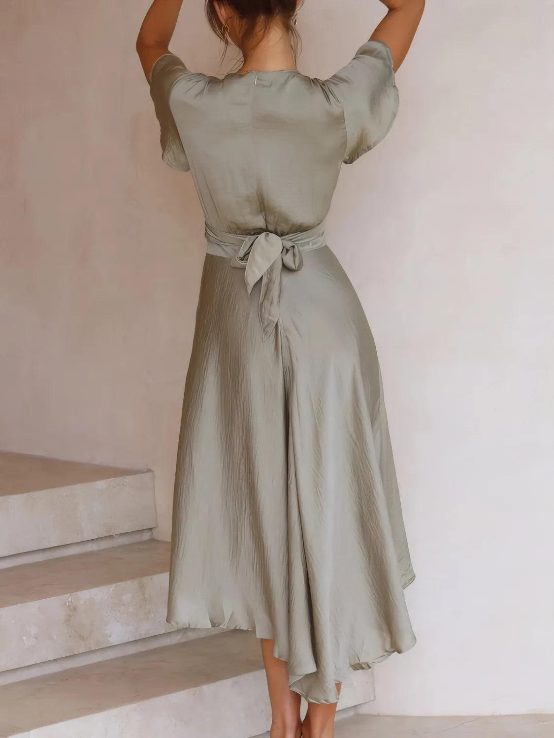 High-Low Plunge Flutter Sleeve Dress.