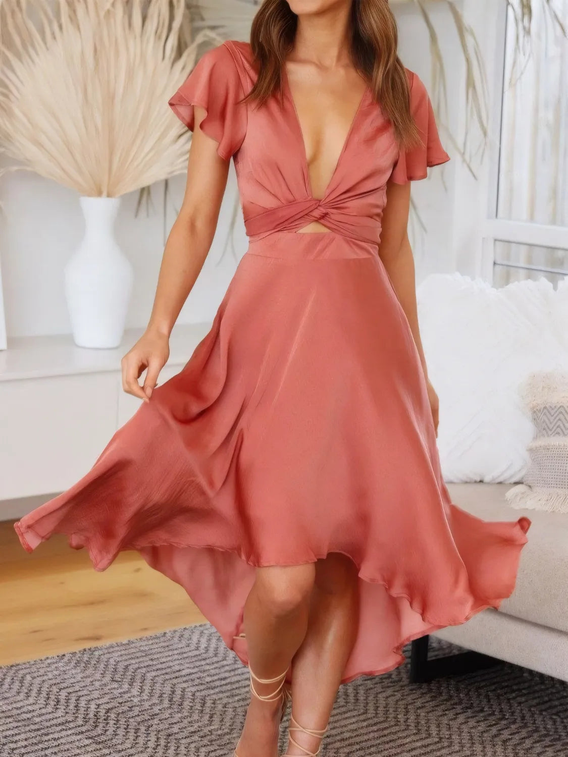 High-Low Plunge Flutter Sleeve Dress.