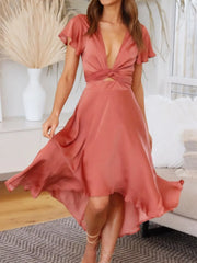 High-Low Plunge Flutter Sleeve Dress.