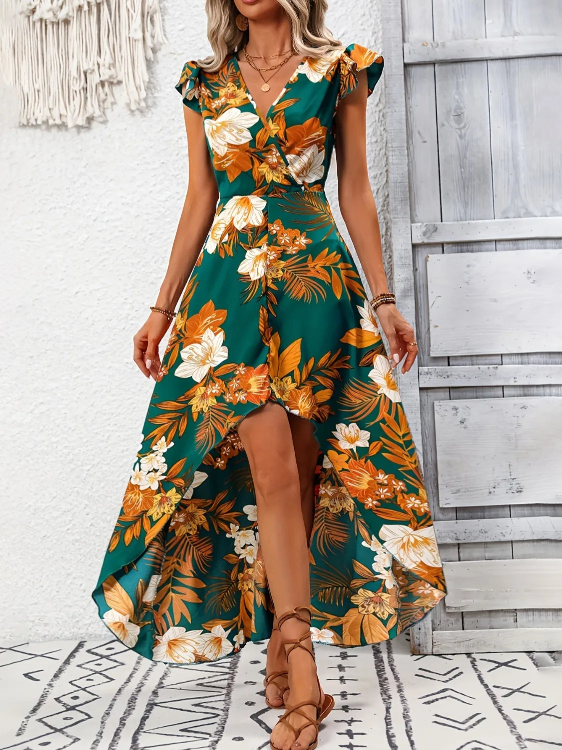 High-Low Printed Cap Sleeve Maxi Dress.