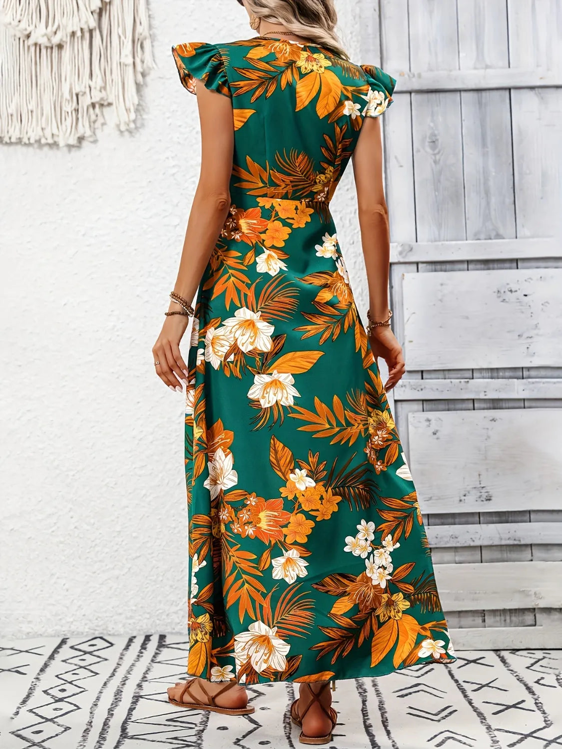 High-Low Printed Cap Sleeve Maxi Dress.